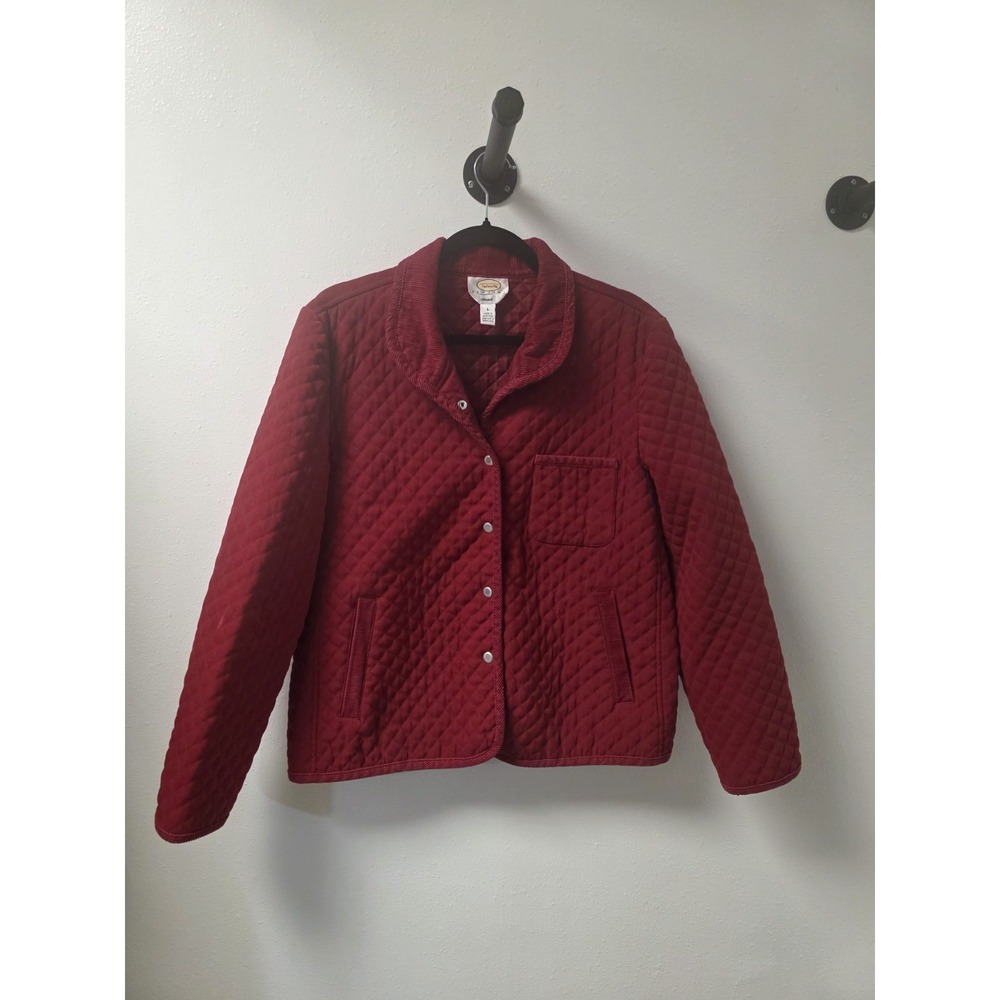 Talbots Petites Quilted Jacket‎ Womens L Red Snap Front Corduroy Collar